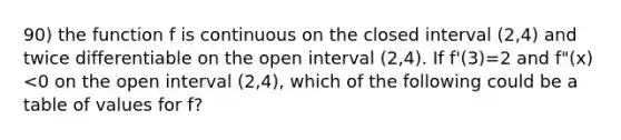 90) the function f is continuous on the closed interval (2,4) and twice differentiable on the open interval (2,4). If f'(3)=2 and f"(x)<0 on the open interval (2,4), which of the following could be a table of values for f?