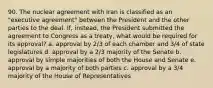 90. The nuclear agreement with Iran is classified as an "executive agreement" between the President and the other parties to the deal. If, instead, the President submitted the agreement to Congress as a treaty, what would be required for its approval? a. approval by 2/3 of each chamber and 3/4 of state legislatures d. approval by a 2/3 majority of the Senate b. approval by simple majorities of both the House and Senate e. approval by a majority of both parties c. approval by a 3/4 majority of the House of Representatives