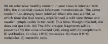 90 An otherwise healthy student in your class is infected with EBV, the virus that causes infectious mononucleosis. The same student had already been infected when she was a child, at which time she had merely experienced a mild sore throat and swollen lymph nodes in her neck. This time, though infected, she does not get sick. 90) The EBV antigen fragments will be presented by the virus-infected cells along with A) complement. B) antibodies. C) class I MHC molecules. D) class II MHC molecules. E) dendritic cells.