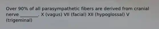 Over 90% of all parasympathetic fibers are derived from cranial nerve ________. X (vagus) VII (facial) XII (hypoglossal) V (trigeminal)