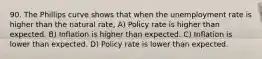 90. The Phillips curve shows that when the unemployment rate is higher than the natural​ rate, A) Policy rate is higher than expected. B) Inflation is higher than expected. C) Inflation is lower than expected. D) Policy rate is lower than expected.