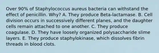 Over 90% of Staphylococcus aureus bacteria can withstand the effect of penicillin. Why? A. They produce Beta-lactamase. B. Cell division occurs in successively different planes, and the daughter cells remain attached to one another. C. They produce coagulase. D. They have loosely organized polysaccharide slime layers. E. They produce staphylokinase, which dissolves fibrin threads in blood clots.