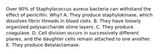 Over 90% of Staphylococcus aureus bacteria can withstand the effect of penicillin. Why? A. They produce staphylokinase, which dissolves fibrin threads in blood clots. B. They have loosely organized polysaccharide slime layers. C. They produce coagulase. D. <a href='https://www.questionai.com/knowledge/kjHVAH8Me4-cell-division' class='anchor-knowledge'>cell division</a> occurs in successively different planes, and the daughter cells remain attached to one another. E. They produce Betalactamase.