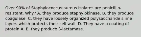 Over 90% of Staphylococcus aureus isolates are penicillin-resistant. Why? A. they produce staphylokinase. B. they produce coagulase. C. they have loosely organized polysaccharide slime layers which protects their <a href='https://www.questionai.com/knowledge/koIRusoDXG-cell-wall' class='anchor-knowledge'>cell wall</a>. D. They have a coating of protein A. E. they produce β-lactamase.