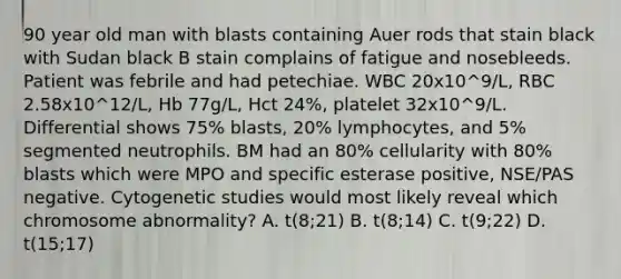 90 year old man with blasts containing Auer rods that stain black with Sudan black B stain complains of fatigue and nosebleeds. Patient was febrile and had petechiae. WBC 20x10^9/L, RBC 2.58x10^12/L, Hb 77g/L, Hct 24%, platelet 32x10^9/L. Differential shows 75% blasts, 20% lymphocytes, and 5% segmented neutrophils. BM had an 80% cellularity with 80% blasts which were MPO and specific esterase positive, NSE/PAS negative. Cytogenetic studies would most likely reveal which chromosome abnormality? A. t(8;21) B. t(8;14) C. t(9;22) D. t(15;17)