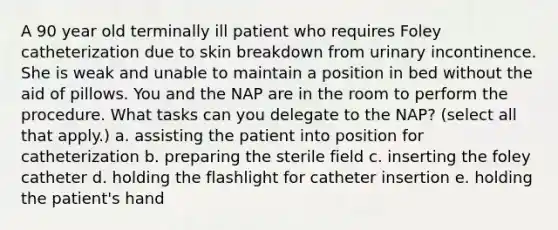 A 90 year old terminally ill patient who requires Foley catheterization due to skin breakdown from urinary incontinence. She is weak and unable to maintain a position in bed without the aid of pillows. You and the NAP are in the room to perform the procedure. What tasks can you delegate to the NAP? (select all that apply.) a. assisting the patient into position for catheterization b. preparing the sterile field c. inserting the foley catheter d. holding the flashlight for catheter insertion e. holding the patient's hand