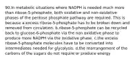 90.In metabolic situations where NADPH is needed much more than ribose-5-phosphate, both oxidative and non-oxidative phases of the pentose phosphate pathway are required. This is because a.excess ribose-5-phosphate has to be broken down and removed from circulation. b.ribose-5-phosphate can be recycled back to glucose-6-phosphate via the non oxidative phase to produce more NADPH via the oxidative phase. c.the excess ribose-5-phosphate molecules have to be converted into intermediates needed for glycolysis. d.the rearrangement of the carbons of the sugars do not require or produce energy