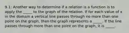 9.1: Another way to determine if a relation is a function is to apply the _____ to the graph of the relation. If for each value of x in the domain a vertical line passes through no more than one point on the graph, then the graph represents a _____. If the line passes through more than one point on the graph, it is _____.