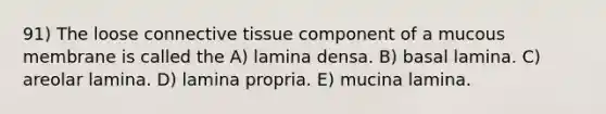 91) The loose connective tissue component of a mucous membrane is called the A) lamina densa. B) basal lamina. C) areolar lamina. D) lamina propria. E) mucina lamina.