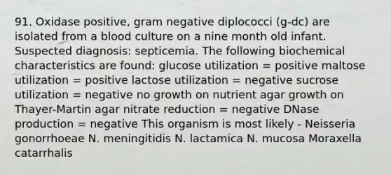 91. Oxidase positive, gram negative diplococci (g-dc) are isolated from a blood culture on a nine month old infant. Suspected diagnosis: septicemia. The following biochemical characteristics are found: glucose utilization = positive maltose utilization = positive lactose utilization = negative sucrose utilization = negative no growth on nutrient agar growth on Thayer-Martin agar nitrate reduction = negative DNase production = negative This organism is most likely - Neisseria gonorrhoeae N. meningitidis N. lactamica N. mucosa Moraxella catarrhalis