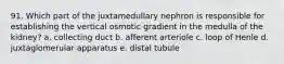 91. Which part of the juxtamedullary nephron is responsible for establishing the vertical osmotic gradient in the medulla of the kidney? a. collecting duct b. afferent arteriole c. loop of Henle d. juxtaglomerular apparatus e. distal tubule