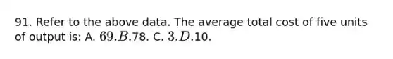 91. Refer to the above data. The average total cost of five units of output is: A. 69. B.78. C. 3. D.10.