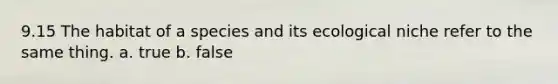 9.15 The habitat of a species and its ecological niche refer to the same thing. a. true b. false