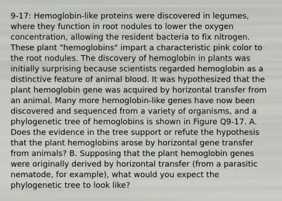 9-17: Hemoglobin-like proteins were discovered in legumes, where they function in root nodules to lower the oxygen concentration, allowing the resident bacteria to fix nitrogen. These plant "hemoglobins" impart a characteristic pink color to the root nodules. The discovery of hemoglobin in plants was initially surprising because scientists regarded hemoglobin as a distinctive feature of animal blood. It was hypothesized that the plant hemoglobin gene was acquired by horizontal transfer from an animal. Many more hemoglobin-like genes have now been discovered and sequenced from a variety of organisms, and a phylogenetic tree of hemoglobins is shown in Figure Q9-17. A. Does the evidence in the tree support or refute the hypothesis that the plant hemoglobins arose by horizontal gene transfer from animals? B. Supposing that the plant hemoglobin genes were originally derived by horizontal transfer (from a parasitic nematode, for example), what would you expect the phylogenetic tree to look like?