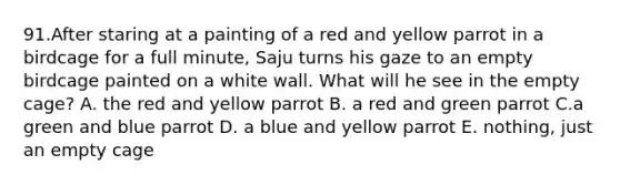 91.After staring at a painting of a red and yellow parrot in a birdcage for a full minute, Saju turns his gaze to an empty birdcage painted on a white wall. What will he see in the empty cage? A. the red and yellow parrot B. a red and green parrot C.a green and blue parrot D. a blue and yellow parrot E. nothing, just an empty cage