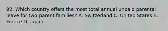 92. Which country offers the most total annual unpaid parental leave for two-parent families? A. Switzerland C. United States B. France D. Japan