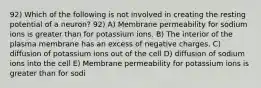 92) Which of the following is not involved in creating the resting potential of a neuron? 92) A) Membrane permeability for sodium ions is greater than for potassium ions. B) The interior of the plasma membrane has an excess of negative charges. C) diffusion of potassium ions out of the cell D) diffusion of sodium ions into the cell E) Membrane permeability for potassium ions is greater than for sodi