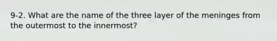 9-2. What are the name of the three layer of <a href='https://www.questionai.com/knowledge/k36SqhoPCV-the-meninges' class='anchor-knowledge'>the meninges</a> from the outermost to the innermost?