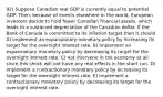 92) Suppose Canadian real GDP is currently equal to potential GDP. Then, because of events elsewhere in the world, European investors decide to hold fewer Canadian financial assets, which leads to a sustained depreciation of the Canadian dollar. If the Bank of Canada is committed to its inflation target then it should A) implement an expansionary monetary policy by increasing its target for the overnight interest rate. B) implement an expansionary monetary policy by decreasing its target for the overnight interest rate. C) not intervene in the economy at all since this shock will not have any real effects in the short run. D) implement a contractionary monetary policy by increasing its target for the overnight interest rate. E) implement a contractionary monetary policy by decreasing its target for the overnight interest rate.