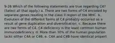 9-26 Which of the following statements are true regarding C4? (Select all that apply.) a. There are two forms of C4 encoded by separate genes residing in the class II region of the MHC. b. Evolution of the different forms of C4 probably occurred as a result of gene duplication and diversification. c. Because there are two forms of C4, C4 deficiency is the least common human immunodeficiency. d. More than 30% of the human population lacks either C4A or C4B. e. C4A and C4B have identical propert