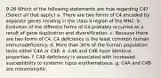 9-26 Which of the following statements are true regarding C4? (Select all that apply.) a. There are two forms of C4 encoded by separate genes residing in the class II region of the MHC. b. Evolution of the different forms of C4 probably occurred as a result of gene duplication and diversification. c. Because there are two forms of C4, C4 deficiency is the least common human immunodeficiency. d. More than 30% of the human population lacks either C4A or C4B. e. C4A and C4B have identical properties. f. C4B deficiency is associated with increased susceptibility to systemic lupus erythematosus. g. C4A and C4B are monomorphic.