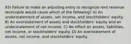 93) Failure to make an adjusting entry to recognize rent revenue receivable would cause which of the following? A) An understatement of assets, net income, and stockholders' equity. B) An overstatement of assets and stockholders' equity and an understatement of net income. C) No effect on assets, liabilities, net income, or stockholders' equity. D) An overstatement of assets, net income, and stockholders' equity.