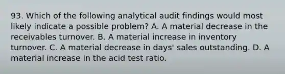 93. Which of the following analytical audit findings would most likely indicate a possible problem? A. A material decrease in the receivables turnover. B. A material increase in inventory turnover. C. A material decrease in days' sales outstanding. D. A material increase in the acid test ratio.