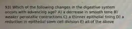 93) Which of the following changes in the digestive system occurs with advancing age? A) a decrease in smooth tone B) weaker peristaltic contractions C) a thinner epithelial lining D) a reduction in epithelial stem cell division E) all of the above