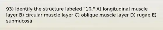 93) Identify the structure labeled "10." A) longitudinal muscle layer B) circular muscle layer C) oblique muscle layer D) rugae E) submucosa