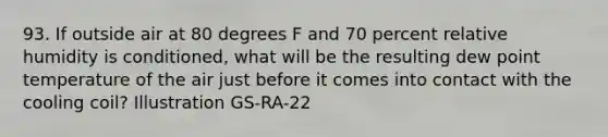 93. If outside air at 80 degrees F and 70 percent relative humidity is conditioned, what will be the resulting dew point temperature of the air just before it comes into contact with the cooling coil? Illustration GS-RA-22