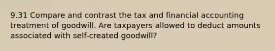 9.31 Compare and contrast the tax and financial accounting treatment of goodwill. Are taxpayers allowed to deduct amounts associated with self-created goodwill?