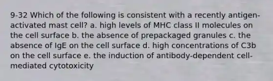 9-32 Which of the following is consistent with a recently antigen-activated mast cell? a. high levels of MHC class II molecules on the cell surface b. the absence of prepackaged granules c. the absence of IgE on the cell surface d. high concentrations of C3b on the cell surface e. the induction of antibody-dependent cell-mediated cytotoxicity