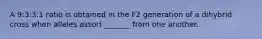 A 9:3:3:1 ratio is obtained in the F2 generation of a dihybrid cross when alleles assort _______ from one another.