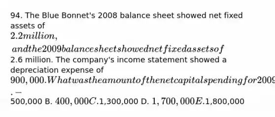 94. The Blue Bonnet's 2008 balance sheet showed net fixed assets of 2.2 million, and the 2009 balance sheet showed net fixed assets of2.6 million. The company's income statement showed a depreciation expense of 900,000. What was the amount of the net capital spending for 2009? A. -500,000 B. 400,000 C.1,300,000 D. 1,700,000 E.1,800,000