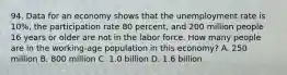 94. Data for an economy shows that the unemployment rate is 10%, the participation rate 80 percent, and 200 million people 16 years or older are not in the labor force. How many people are in the working-age population in this economy? A. 250 million B. 800 million C. 1.0 billion D. 1.6 billion