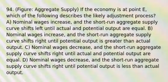 94. (Figure: Aggregate Supply) If the economy is at point E, which of the following describes the likely adjustment process? A) Nominal wages increase, and the short-run aggregate supply curve shifts left until actual and potential output are equal. B) Nominal wages increase, and the short-run aggregate supply curve shifts right until potential output is greater than actual output. C) Nominal wages decrease, and the short-run aggregate supply curve shifts right until actual and potential output are equal. D) Nominal wages decrease, and the short-run aggregate supply curve shifts right until potential output is less than actual output.