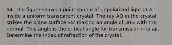 94. The figure shows a point source of unpolarized light at A inside a uniform transparent crystal. The ray AO in the crystal strikes the plane surface SS' making an angle of 30∞ with the normal. This angle is the critical angle for transmission into air. Determine the index of refraction of the crystal.