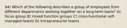 94) Which of the following describes a group of employees from different departments working together on a long-term basis? A) focus group B) mixed function groups C) cross-functional self-managed teams D) intrapraneurial teams