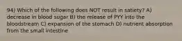 94) Which of the following does NOT result in satiety? A) decrease in blood sugar B) the release of PYY into the bloodstream C) expansion of the stomach D) nutrient absorption from the small intestine