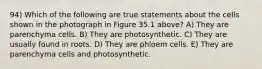 94) Which of the following are true statements about the cells shown in the photograph in Figure 35.1 above? A) They are parenchyma cells. B) They are photosynthetic. C) They are usually found in roots. D) They are phloem cells. E) They are parenchyma cells and photosynthetic.