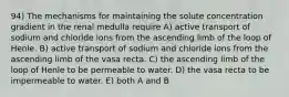 94) The mechanisms for maintaining the solute concentration gradient in the renal medulla require A) active transport of sodium and chloride ions from the ascending limb of the loop of Henle. B) active transport of sodium and chloride ions from the ascending limb of the vasa recta. C) the ascending limb of the loop of Henle to be permeable to water. D) the vasa recta to be impermeable to water. E) both A and B