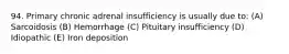 94. Primary chronic adrenal insufficiency is usually due to: (A) Sarcoidosis (B) Hemorrhage (C) Pituitary insufficiency (D) Idiopathic (E) Iron deposition