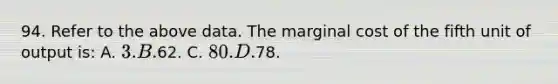 94. Refer to the above data. The marginal cost of the fifth unit of output is: A. 3. B.62. C. 80. D.78.