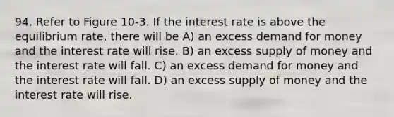 94. Refer to Figure 10-3. If the interest rate is above the equilibrium rate, there will be A) an excess demand for money and the interest rate will rise. B) an excess supply of money and the interest rate will fall. C) an excess demand for money and the interest rate will fall. D) an excess supply of money and the interest rate will rise.