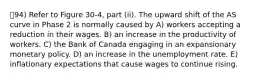 94) Refer to Figure 30-4, part (ii). The upward shift of the AS curve in Phase 2 is normally caused by A) workers accepting a reduction in their wages. B) an increase in the productivity of workers. C) the Bank of Canada engaging in an expansionary monetary policy. D) an increase in the unemployment rate. E) inflationary expectations that cause wages to continue rising.