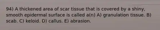 94) A thickened area of scar tissue that is covered by a shiny, smooth epidermal surface is called a(n) A) granulation tissue. B) scab. C) keloid. D) callus. E) abrasion.