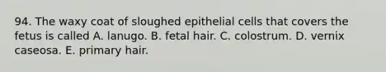 94. The waxy coat of sloughed epithelial cells that covers the fetus is called A. lanugo. B. fetal hair. C. colostrum. D. vernix caseosa. E. primary hair.