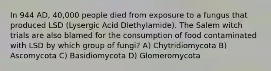 In 944 AD, 40,000 people died from exposure to a fungus that produced LSD (Lysergic Acid Diethylamide). The Salem witch trials are also blamed for the consumption of food contaminated with LSD by which group of fungi? A) Chytridiomycota B) Ascomycota C) Basidiomycota D) Glomeromycota