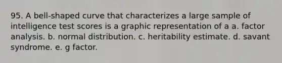 95. A bell-shaped curve that characterizes a large sample of intelligence test scores is a graphic representation of a a. factor analysis. b. normal distribution. c. heritability estimate. d. savant syndrome. e. g factor.