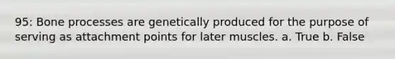95: Bone processes are genetically produced for the purpose of serving as attachment points for later muscles. a. True b. False